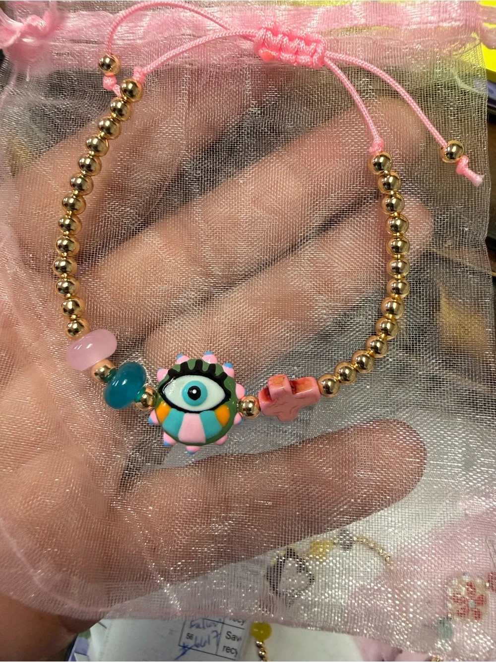 Murano Pink Beaded Adjustable Bracelet with Colorful Eye Charm